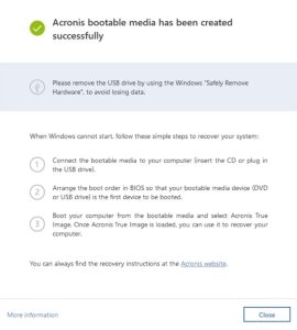 successful creating a bootable usb with acronis