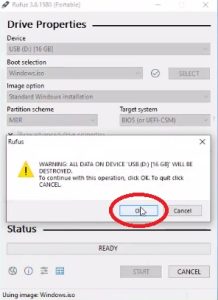 warning in rufus about formatting usb