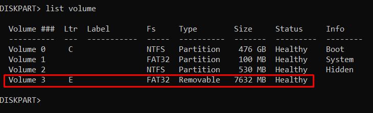 Type list volume and press Enter. This will display all the volumes on the selected disk.