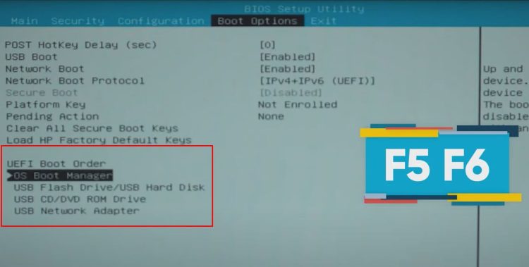 Use F5 or F6 keys to move your Windows system drive to the top