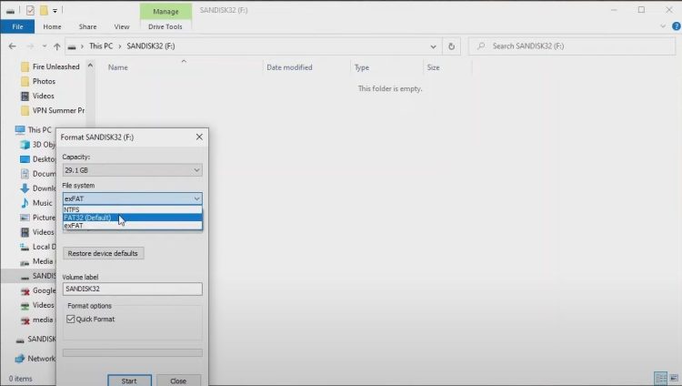 FAT32" from the "File System" drop-down menu