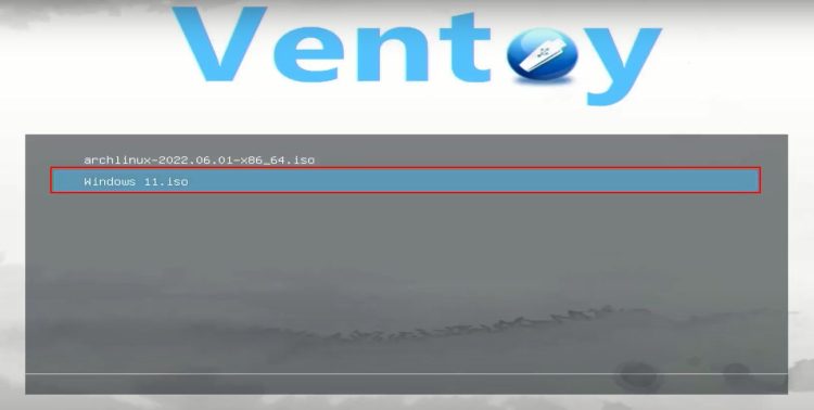 You should see the Ventoy menu with both operating systems listed.