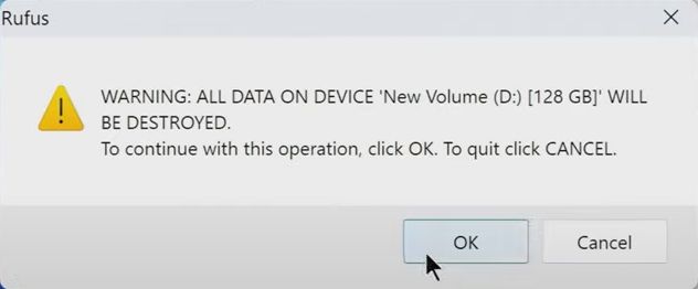 Rufus will warn you that all data on the micro SD card will be deleted