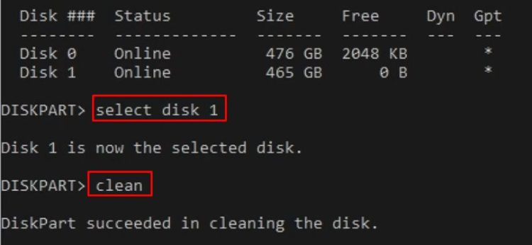 select disk 1 and clean